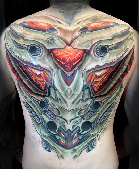 Sorin Gabor - Realistic color futuristic armor biomech back tattoo